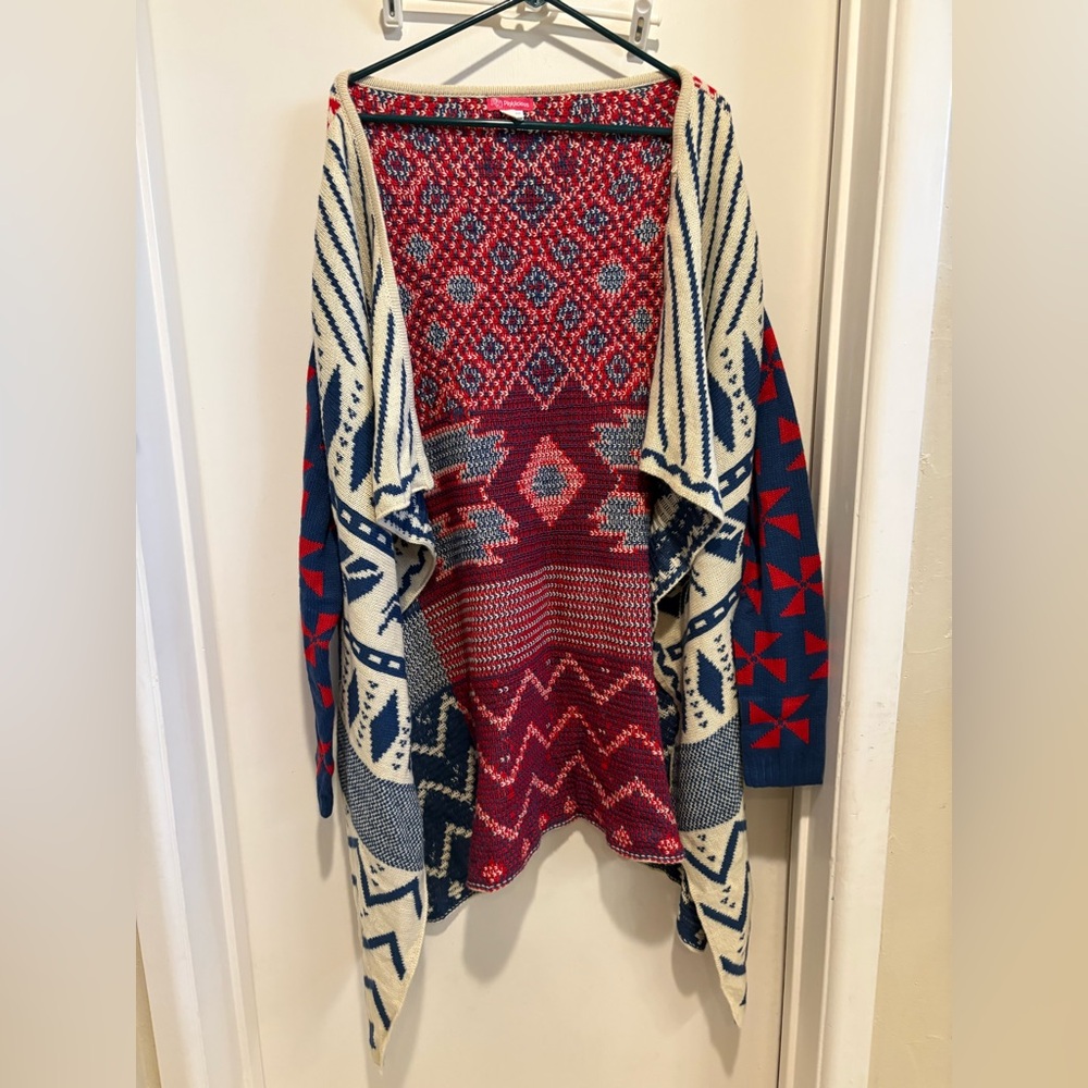 Red and Blue Geometric Cardigan with Waterfall Hem